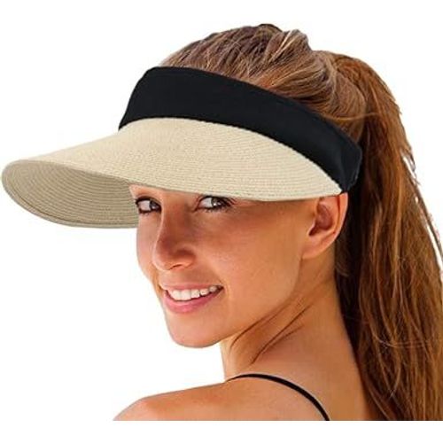 Beige Chapeau De Pare-Soleil En Paille Pour Femme À Large Bord Été Visière Anti-Uv Pare-Soleil En Plein Air Bonnet Chapeau De Soleil Voyage Cyclisme Plage Chapeau