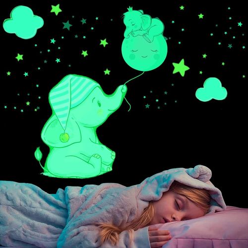 Stickers Mural Éléphant Lumineux, Autocollant Mural Lune Étoile Fluorescent, Lumineuses Wall Stickers, Phosphorescentes Stickers Muraux Amovible, Cadeau pour D'enfants Garçons Fille Chambre DIY Décor