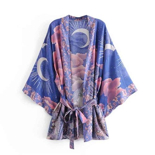 Boho Queens Vintage Étoile Et Lune Imprimé Fleuri Ceintures Femmes Bohème Col En V Manches Chauve-Souris Happie Robe Courte Kimono