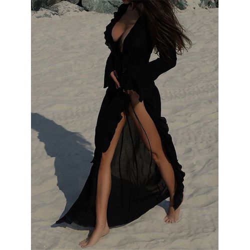 Sexy Col En V À Volants À Manches Longues En Mousseline De Soie Tunique Plage Couvrir Couverture Robe De Plage Vêtements De Plage Maillots De Bain Femmes V5976