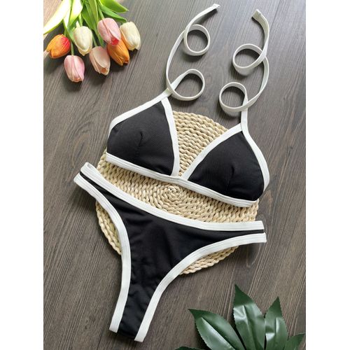 Maillot De Bain Deux Pièces Noir Et Blanc Pour Femmes,Ensemble De Bikini,Couleur Unie,Été