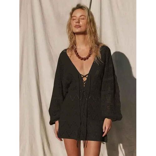 Mini Robe De Plage En Tricot,Décolleté En V Profond,Manches Cloche,Maille Ajourée,Cover-Up Pour Les Maillots De Bain,Tunique Décontractée Pour Femmes,Été,2023,K14
