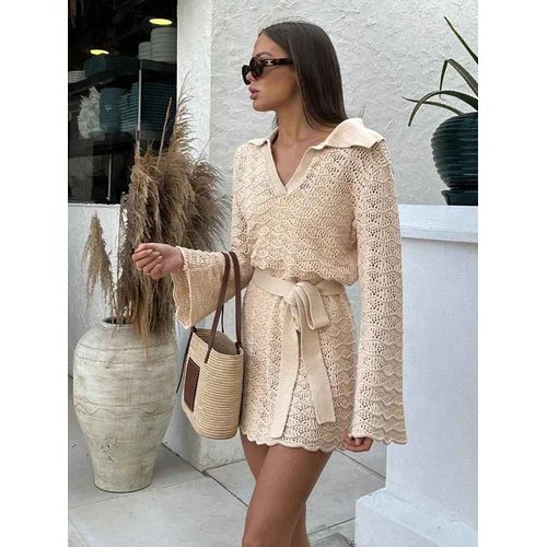 Chemise Sexy Col En V Manches Cloche Évider Tricoté Ceinturé Plage Mini Robe 2024 Été Maillot De Bain Couvrir Tenue Décontractée Pour Femmes K16