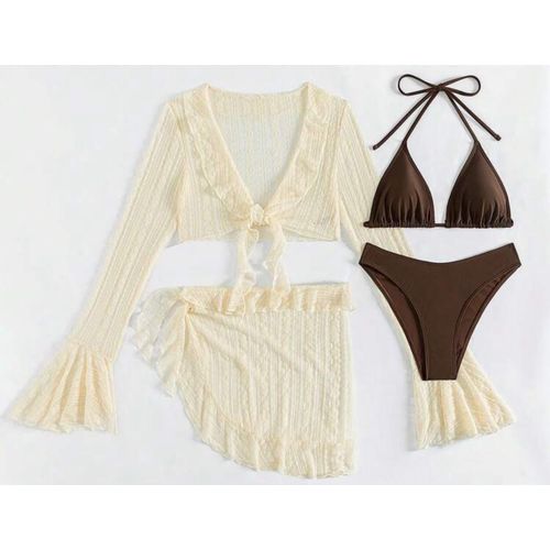 Maillot De Bain Quatre Pièces Sexy,Manches Longues,Cover-Up,Ensemble Deux Pièces,Couleur Unie,Pour Femmes Brésiliennes,Vêtements De Plage,De Fête,Été,2025