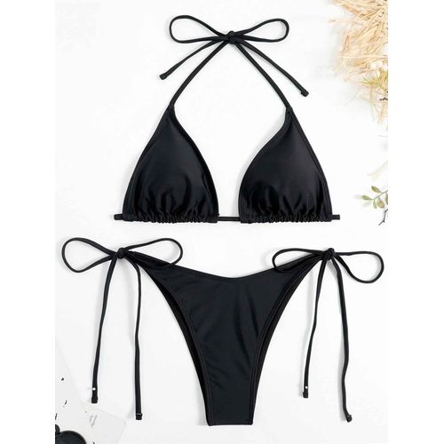 Sexy Marron Bikini 2024 Femmes Solide Rouge Licou Push Up Soutien-Gorge Cravate Côté Triangle Maillot De Bain Été Maillot De Bain À Lacets Micro Maillots De Bain
