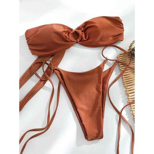 Aoaiiys Marron Maillot De Bain Femmes Solide Maillot De Bain Sans Bretelles Bikini Ensemble Été Anneau En Métal Cordon Deux Pièces Fendu Sexy Maillots De Bain