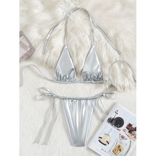 Pu Argent Bikini Triangle String Licou Dos Nu Extrême Y2k Maillot De Bain Push Up Maillots De Bain Micro Tongs Femmes Plage Ensemble Maillot De Bain