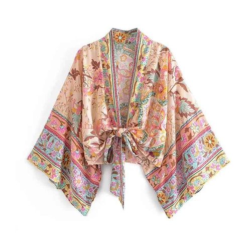 Happie Queens Imprimé Fleuri Ceintures Court Kimono Femmes Mode Col En V Manches Chauve-Souris Robe Dame Boho Bikini Couvertures