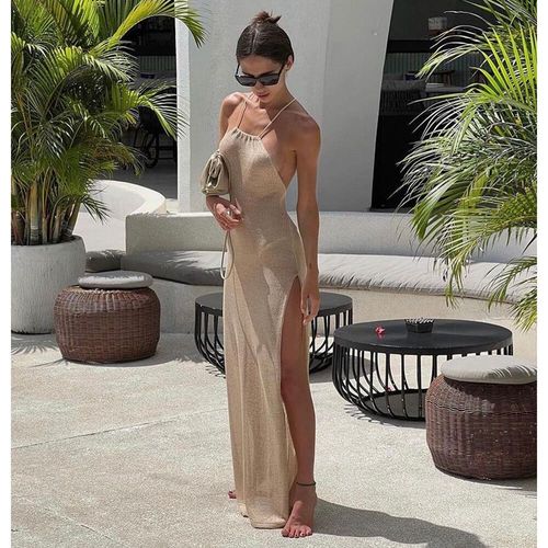 Robe De Plage Tricotée,Sexy,Transparente,Maxi,Fendue,Moulante,Pour Bikini,Élégante,Col Licou,Été,2024