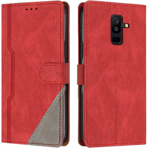 Kal-Coque Pour Samsung Galaxy A6+ 2018 / A6 Plus 2018, Housse Etui Portefeuille Cuir Multifonction, Fermeture Magnétique À Clapet [Fonction Support] Flip Compatible Avec Samsung A6+ 2018 (Rouge)