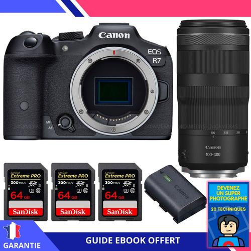 Canon EOS R7 + RF 100-400mm IS + 3 SanDisk 64GB Extreme PRO UHS-II SDXC 300 MB/s + 1 Canon LP-E6NH + Ebook 'Devenez Un Super Photographe' - Hybride Canon