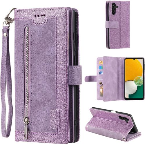 Kal-Coque Pour Samsung Galaxy A35 5g, Etui À Rabat En Cuir Fermeture À Glissière Magnétique Portefeuille Avec 9 Emplacements Pour Cartes Fonction Stand Etui En Cuir Mat Rétro-Flash Violet