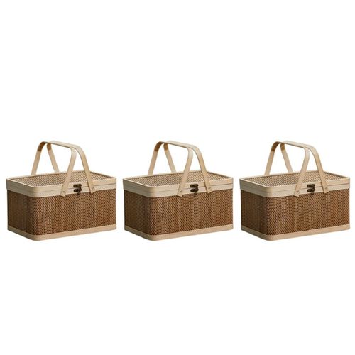 3x Panier En Bambou Panier Tissé Respectueux De L'environnement Panier De Pique-Nique En Bambou Avec Couvercle Panier De Rangement Pour Pain De Collations Portatif