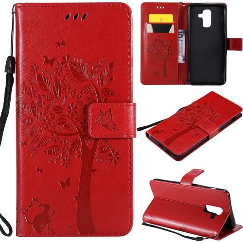 Kal-Coque Pour Samsung Galaxy A6 Plus 2018, Etui Samsung A6 Plus 2018, Antichoc Tpu Housse Cuir Flip Case Portefeuille Etui Rabat [Magnétique] Coque De Protection Cover (Rouge)