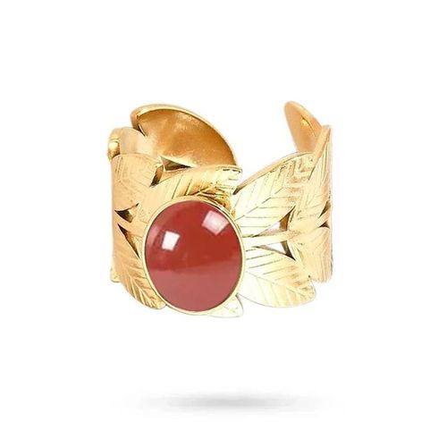 Bague Femme Réglable Acier Inoxydable Doré Feuilles Agate Rouge