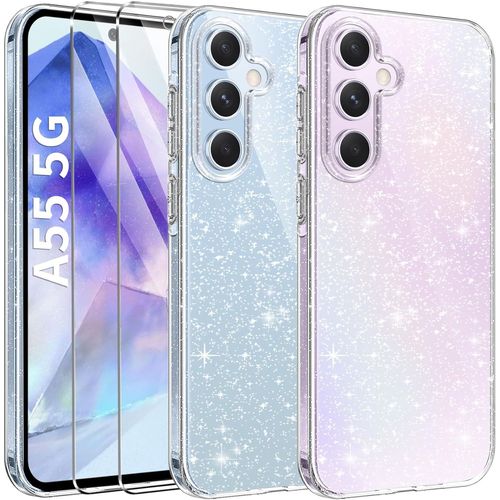 Coque 3 En 1 Compatible Avec Samsung Galaxy A55 5g,Étui À Paillettes Silicone Souple Tpu Protection Case Avec 2 Films De Protection En Verre Trempé,Transparent Pailleté Protecteur Coque