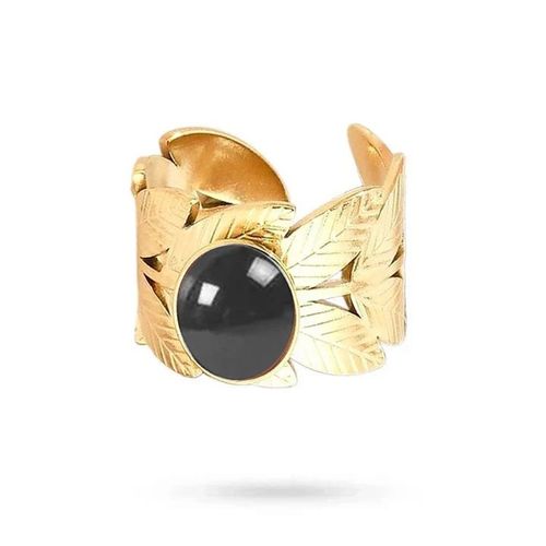 Bague Femme Réglable Acier Inoxydable Doré Feuilles Agate Noire