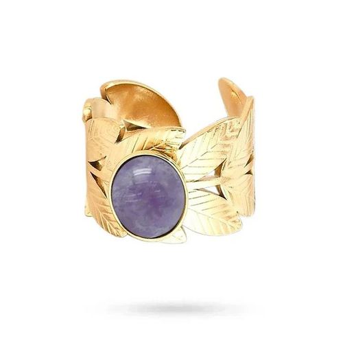 Bague Femme Réglable Acier Inoxydable Doré Feuilles Pierre Améthyste