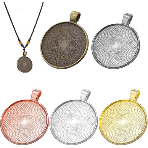 Pendentif Support 50pcs Cabochons 25mm Plateau Pendentif Rond Pour Creation Diy Bijoux Collier Porte-Clés Loisir Créatif (Cyan Antique,Argent Ancien,Argent Brillant,Doré,Or Rose)