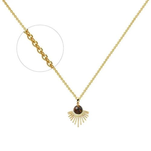 Collier Femme Acier Inoxydable Doré Soleil Pierre Oeil De Tigre 8 Mm