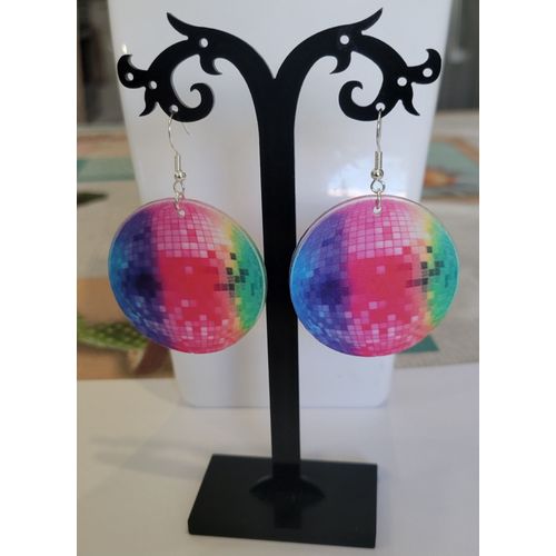 Boucles D'oreilles Theme Disco Boule A Facette Multicolore !
