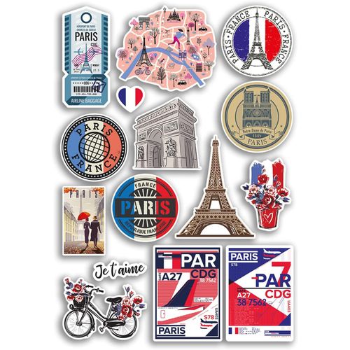Feuille D'autocollants A4 En Vinyle - Paris - France - Monuments De La Tour Eiffel - Carte De La Plage - Vacances - Valise - Bagages - Scrapbooking - Culture Voyage #78874