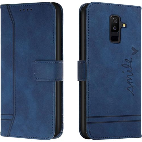 Kal-Coque Pour Samsung Galaxy A6 Plus 2018/J8 2018, Etui Portefeuille Samsung A6 Plus 2018/J8 2018, Protection Etui À Rabat Housse En Cuir Pu Avec Antichoc Tpu [Fermoir Magnétique] (Bleu)