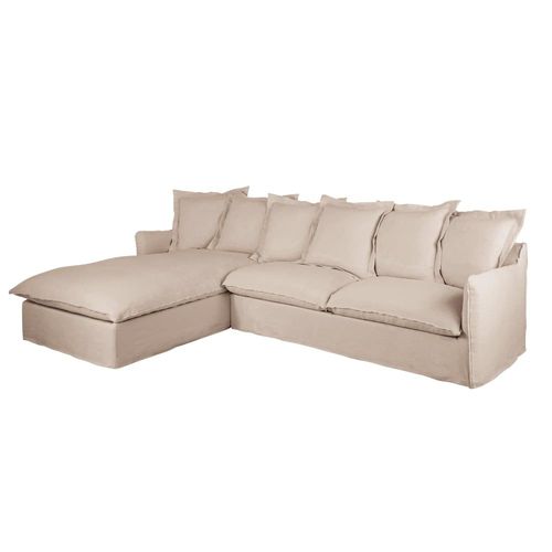 Canapé D'angle Gauche 4/5 Places Effet Lin Beige