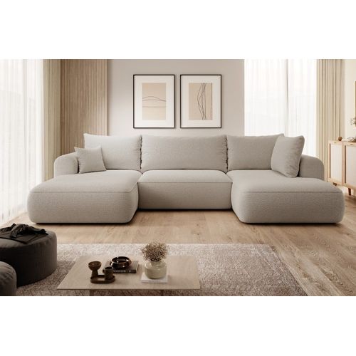 Canapé D'angle Convertible 4 Places En Bouclette Beige Foncé