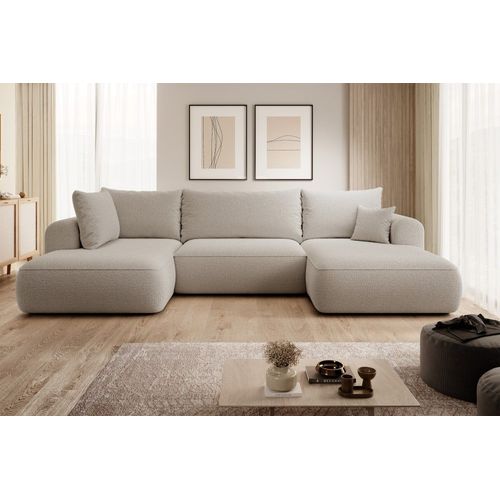 Canapé D'angle Convertible 4 Places En Bouclette Beige Foncé