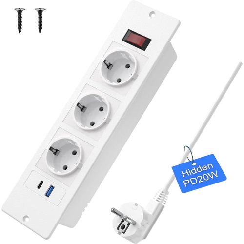 Prise Encastrée Usb C 20W, Bloc Multiprise 3 Prises Avec Câble 2M, Pour Meubles Ou Plans De Travail (Blanc)