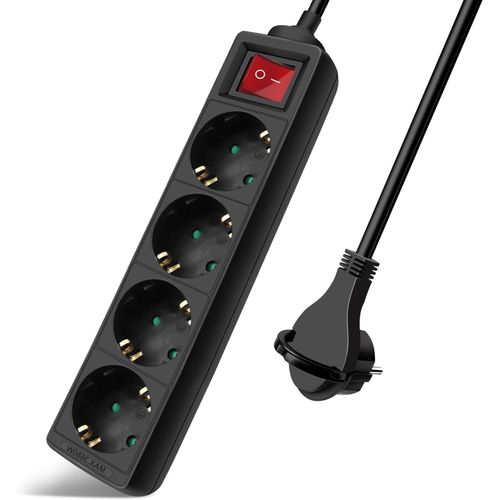 Multiprise Avec 4 Prises Et Interrupteur, Câble 1,5 M Fiche Plate Pour La Maison, Le Bureau Et Les Voyages, 16 A, 250 V, 3680 W, Noir