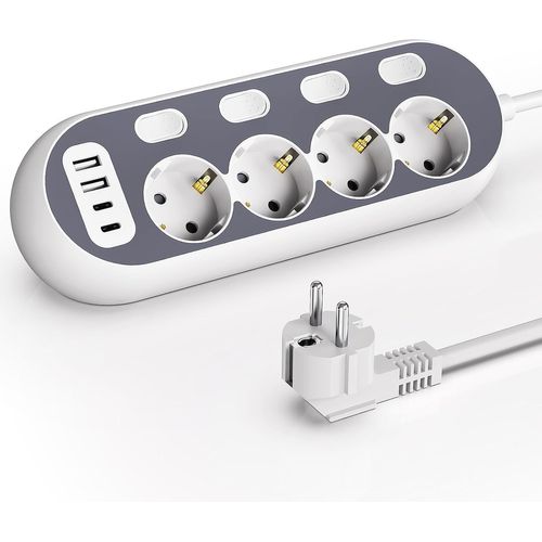 Multiprise Avec Usb C, 4 Prises, Multiprise 8 En 1, Adaptateur De Prise Murale Avec Rallonge De 1,5 M, Pour Bureau, Maison, Gris
