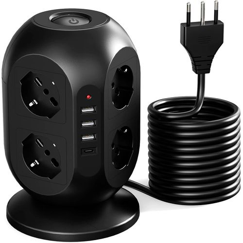 Multiprise Verticale Avec 8 Prises Et 3 Usb, 1 Usb C, Électrique, Protection Surtension, Avec Câble 2 M Et Interrupteur, Modèle Italien 2 500 W