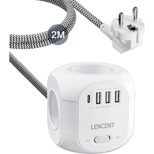 Cube Rallonge Multiprise 2M Avec 4 Prises Ac, 3 Usb Et 1 Type C, Protection Contre Les Surtensions Pour Rallonge Électrique Avec Interrupteur Pour Maison, Cuisine, Bureau, Tressé Câble