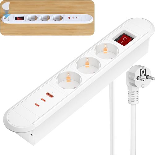 Multiprise Encastrable Avec Usb-C 67 W, 3 Prises Et 3 Ports Usb, Pour Bureau, Cuisine, Câble De 1,8 M, Blanc