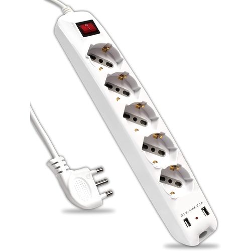 1.5 M Power Strip With Switch And Cable - 5 Sockets 10/16 Amp Bipasso + Shuko + 2 Usb Sockets - With 16A Socket - Electrical Outlet For Home, Office, Store - Colour