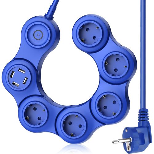 Multiprise Flexible À 360° 9 En 1 Avec 4 Usb, 5 Prises, 3680 W, Parasurtenseur Et Interrupteur 16 A, Pour Bureau, 1,5 M, Bleu