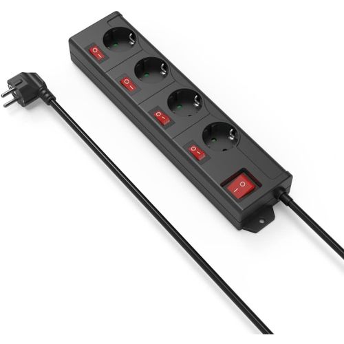 Multiprise Avec Interrupteur (Bloc 4 Prises Schuko 16A, Interrupteur Individuel Éclairé, Idéal Économie D'Énergie, Prises À 90°, ?illet Suspension Integré, 3680W, Cable 1.4M H05Vv-F) Noir