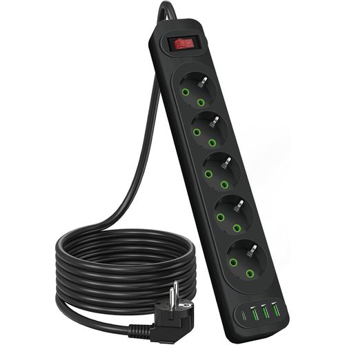 Eu Multiprise 5 Prises 2500W Avec 1 Port Usb C,3 Port Usb A Et Avec Interrupteur Cordon 5.9Ft Câble D'Extension Multi Prise Pour Smartphone Tablette Multiprise Bureau Avec Interrupteur- Noir