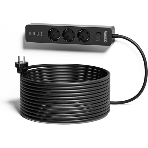 5 Metre Multiprise Electrique Avec 3 Prises Et Usb-C, Bloc Multiprise Usb Avec Interrupteur, Support Murale Montage, Protection Contre Les Surcharges, Noire