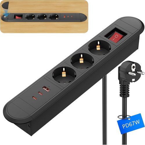 Multiprise Encastrable Avec Usb-C 67 W - 3 Prises Et 3 Ports Usb - Prise De Table Encastrable - Pour Bureau, Cuisine - Câble De 1,8 M - Noir