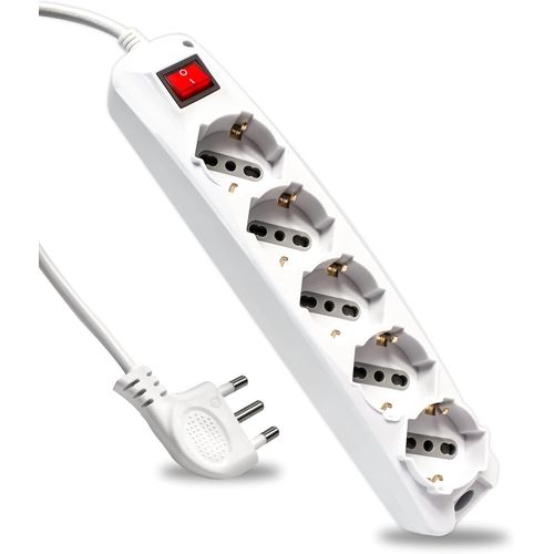 1.5 M Power Strip With Switch And Cable - 5 Sockets 10/16 Amp Bipasso + Shuko - 16A Socket - Electrical Outlet For Home, Office, Store - White