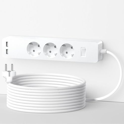 5 Mètre Multiprise Electrique Usb, Multiprise Avec Interrupteur 3 Prises Et 2 Ports Usb Avec Support Mural Et Viss, Multi Protection, Protection Pour Les Enfants, Blanc