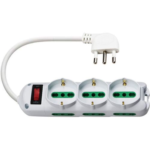 Bloc Électrique Multi-Prises Protégées, Avec Interrupteur Automatique De Protection, Prise 10 A, Prises 3 Italiennes/Allemandes Et 6 Bipasso 10/16A, Blanc, Câble De 1,5 M.