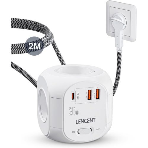 Cube Rallonge Multiprise Fiche Plate Amélioré Pd 20W 2M Avec 4 Prises Ac, 3 Usb Et 1 Type C, Surtensions Pour Rallonge Électrique Avec Interrupteur Pour Maison, Cuisine, Bureau, Tressé Cable