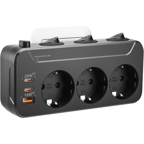 Prise Avec Interrupteur Individuel, Prise Multiple Murale Avec Usb C Charge Rapide Pd20W, Multiprise 3 Prises Parafoudre Et Surtension, Triplette Electrique Rotation Hhorizontale Et Verticale, Noir