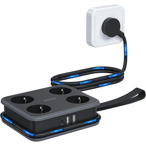 Multiprise Usb-C 4 Prise Multiprise Electrique Multiple 2 Usb-A Avec 1 Usb-C Prise De Distribution Multiprise Murale 1,6 Mètre, Multi Protection, Noir