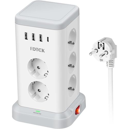 Tour Multiprise Avec 11 Prises (3680W/16A), 3 Usb A & 1 Usb C, Multiprise Tower Parafoudre Et Surtension, Multiprise Avec Interrupteur Et Rallonge Electrique 2M Câble Pour Bureau Et Maison