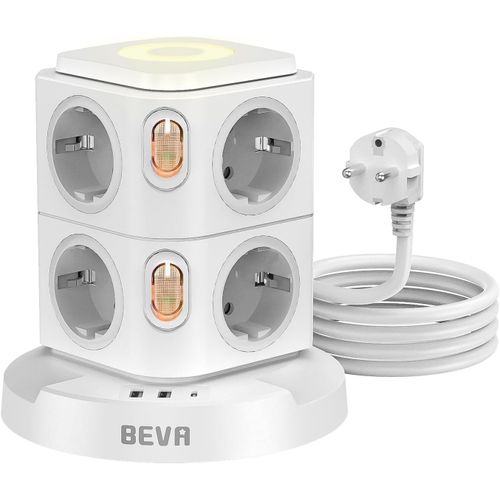 8 Prises Tour Multiprise Avec Interrupteur Et Veilleuse + 2 M Câble, 2500W/10A Multiprise Usb Avec 2 Usb-A + 1 Usb-C, Multiprise Electrique Avec Protection Contre Les Surtensions, Blanc